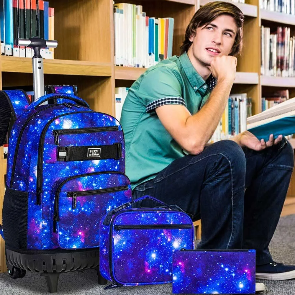 AGSDON Rolling Backpack for Boys, Men Roller Wheels Bookbag, Laptop Star Blue Wheeled School Bag with Wheels for Teens