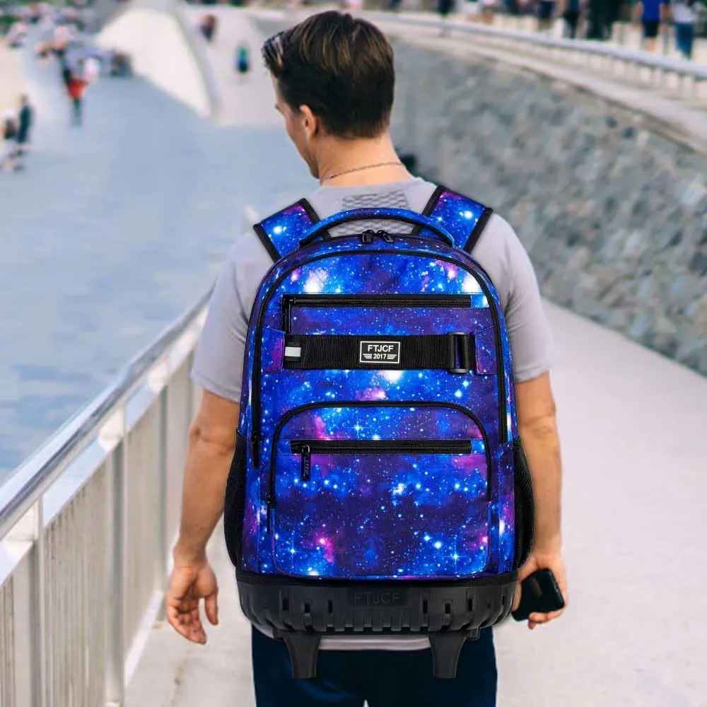 AGSDON Rolling Backpack for Boys, Men Roller Wheels Bookbag, Laptop Star Blue Wheeled School Bag with Wheels for Teens
