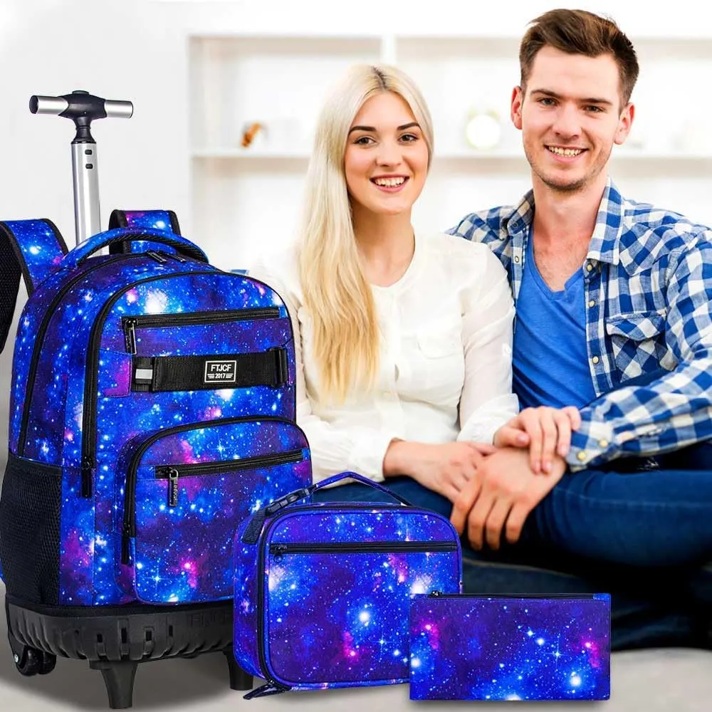 AGSDON Rolling Backpack for Boys, Men Roller Wheels Bookbag, Laptop Star Blue Wheeled School Bag with Wheels for Teens