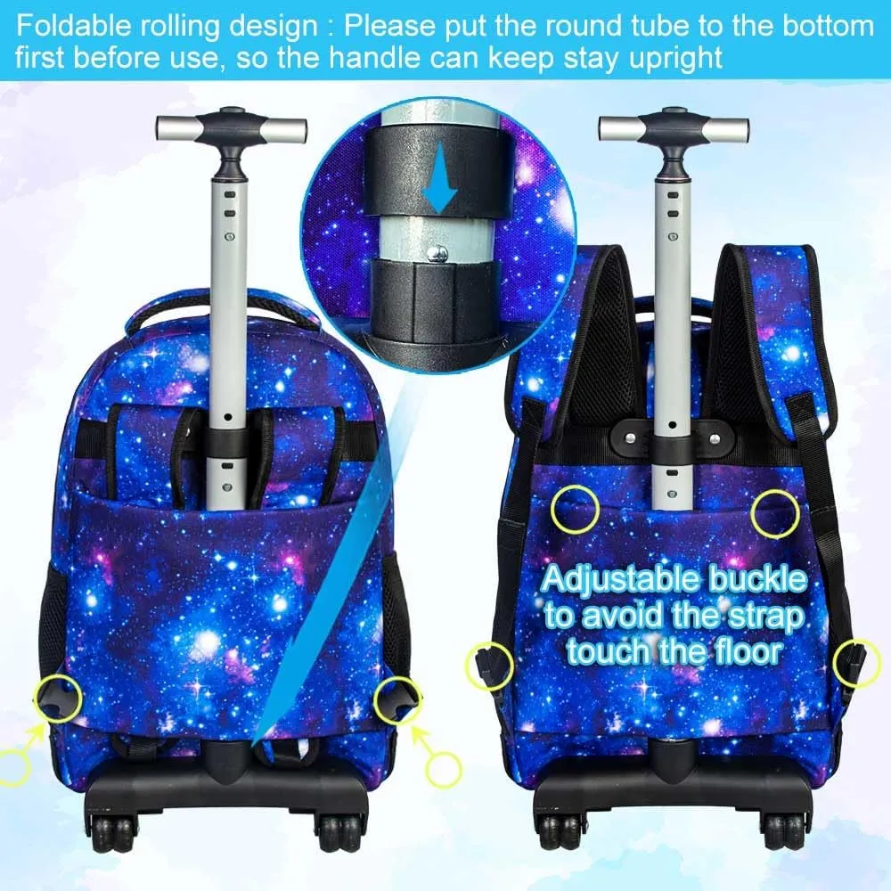 AGSDON Rolling Backpack for Boys, Men Roller Wheels Bookbag, Laptop Star Blue Wheeled School Bag with Wheels for Teens