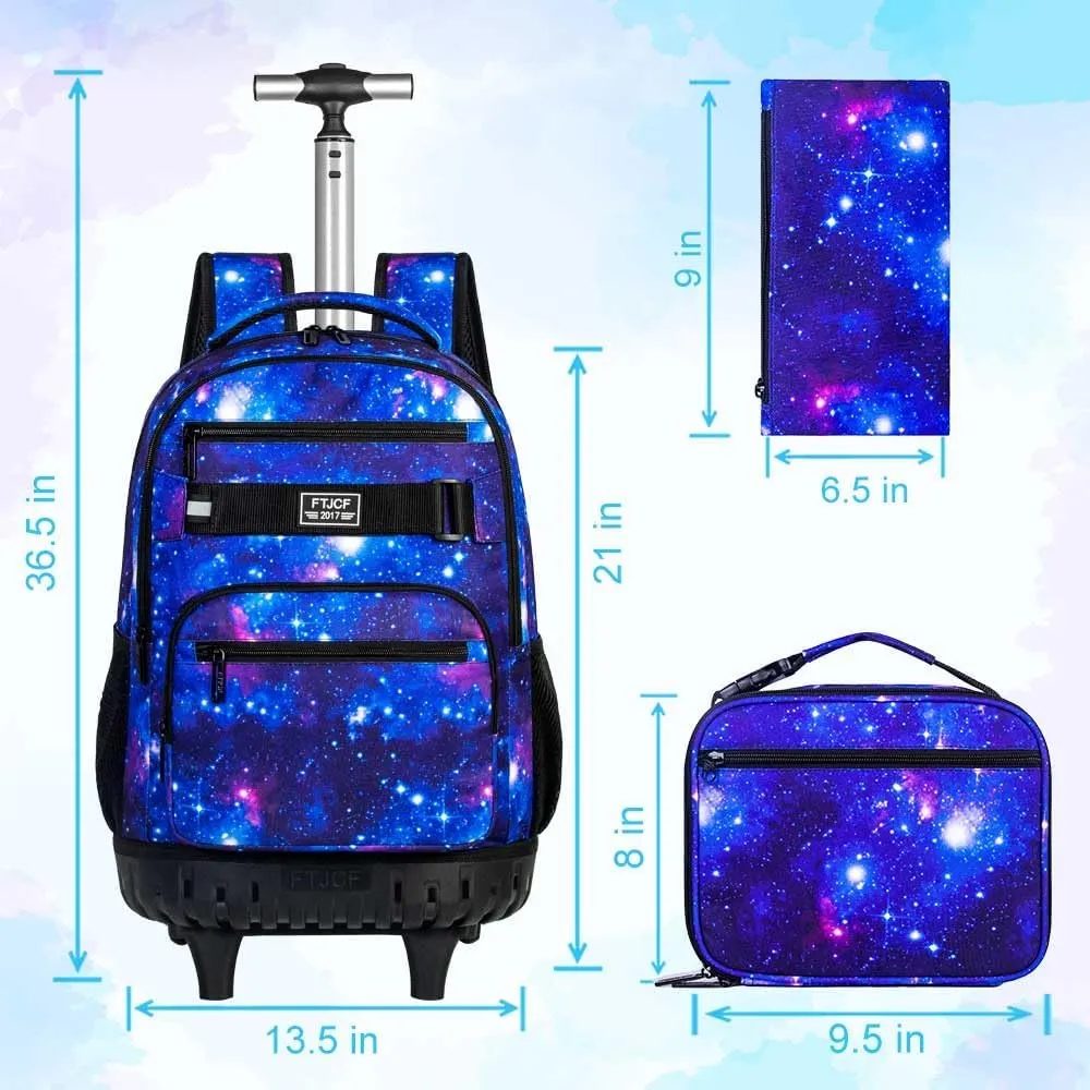 AGSDON Rolling Backpack for Boys, Men Roller Wheels Bookbag, Laptop Star Blue Wheeled School Bag with Wheels for Teens