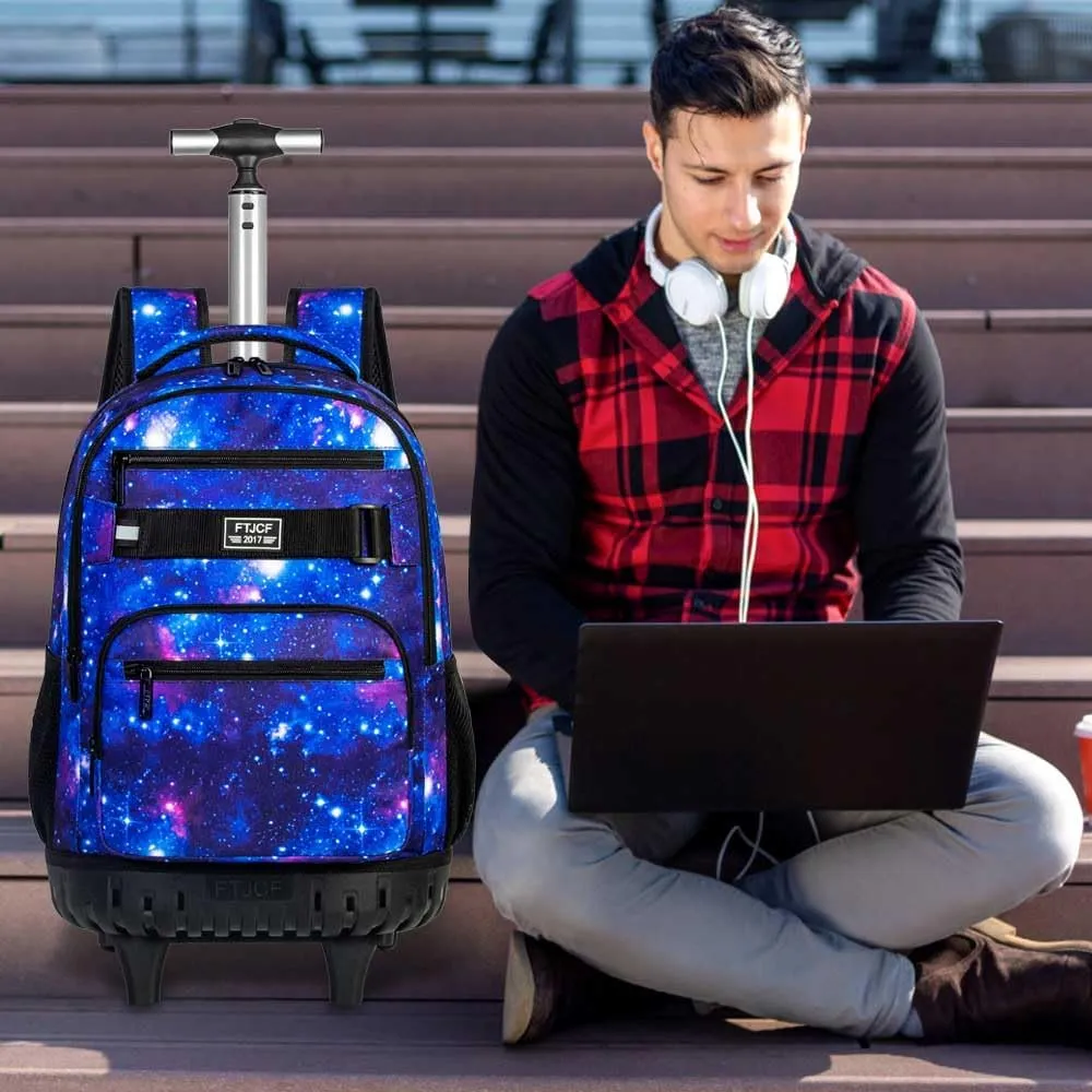 AGSDON Rolling Backpack for Boys, Men Roller Wheels Bookbag, Laptop Star Blue Wheeled School Bag with Wheels for Teens