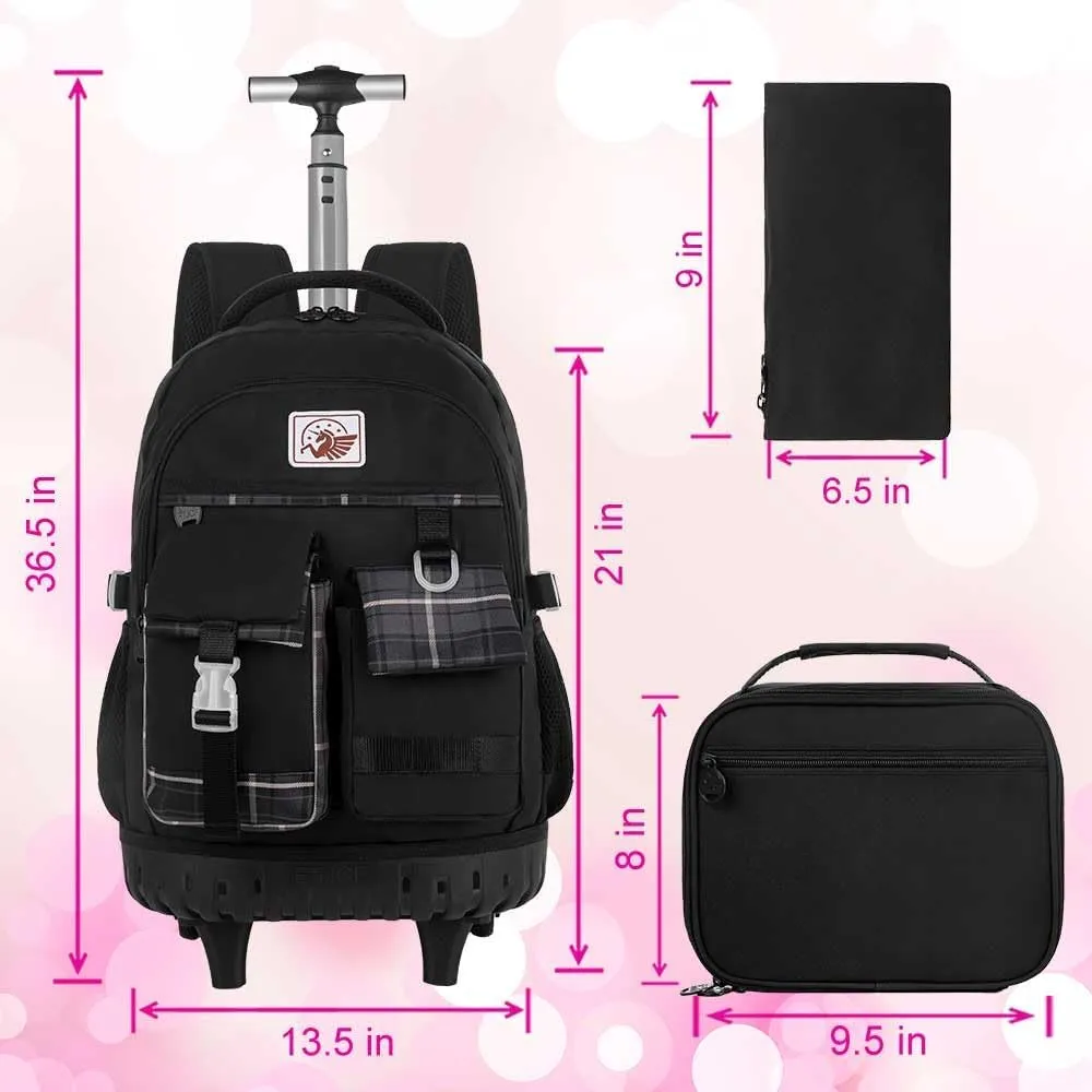 AGSDON Rolling Backpack for Girls, 21" Women Roller Wheels Bookbag, Laptop Wheeled Suitcase School Backpacks with Lunch Bag for Teens