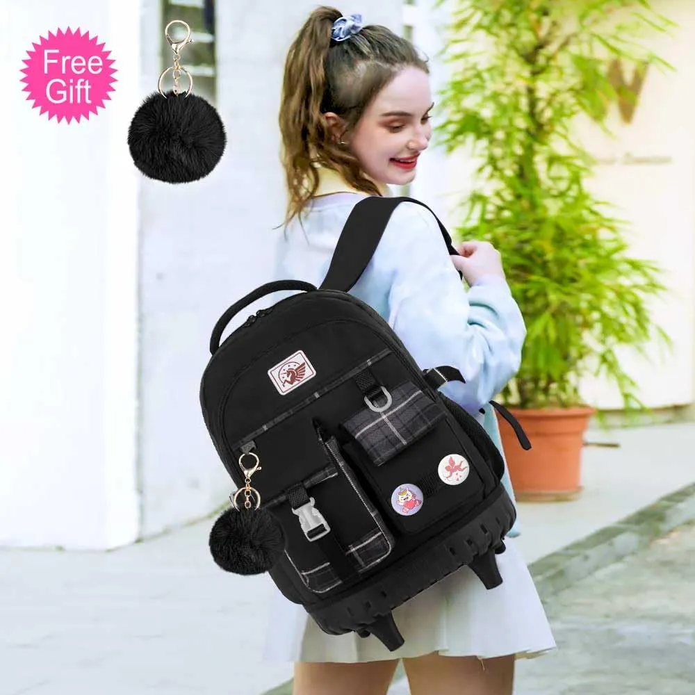AGSDON Rolling Backpack for Girls, 21" Women Roller Wheels Bookbag, Laptop Wheeled Suitcase School Backpacks with Lunch Bag for Teens