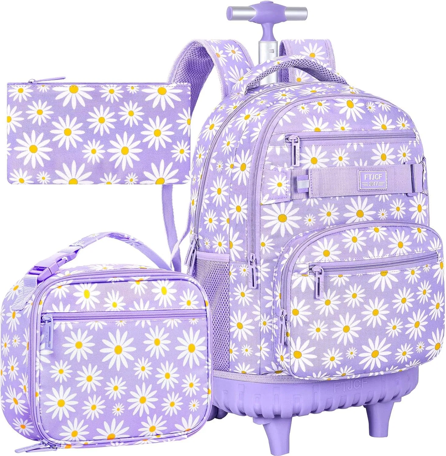 AGSDON Rolling Backpack for Girls, Women Roller Wheels Bookbag, Laptop Daisy Wheeled School Bag with Wheels for Teens