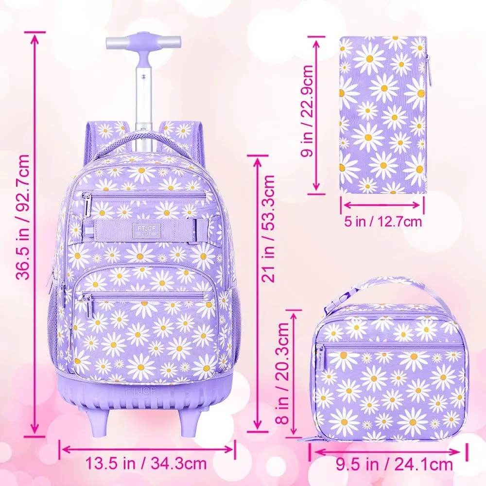 AGSDON Rolling Backpack for Girls, Women Roller Wheels Bookbag, Laptop Daisy Wheeled School Bag with Wheels for Teens
