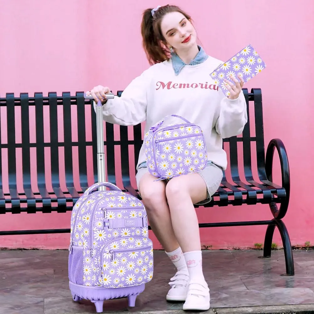 AGSDON Rolling Backpack for Girls, Women Roller Wheels Bookbag, Laptop Daisy Wheeled School Bag with Wheels for Teens