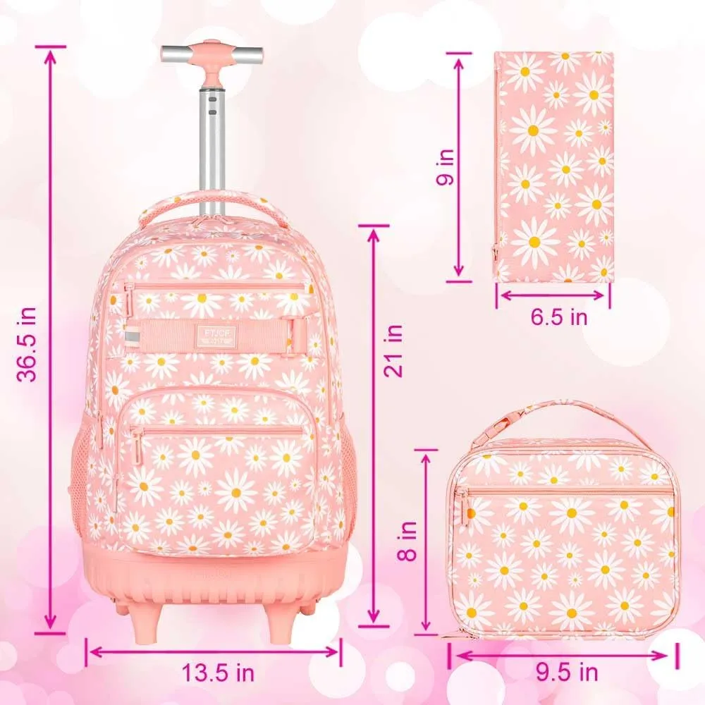 AGSDON Rolling Backpack for Girls, Women Roller Wheels Bookbag, Laptop Daisy Wheeled School Bag with Wheels for Teens