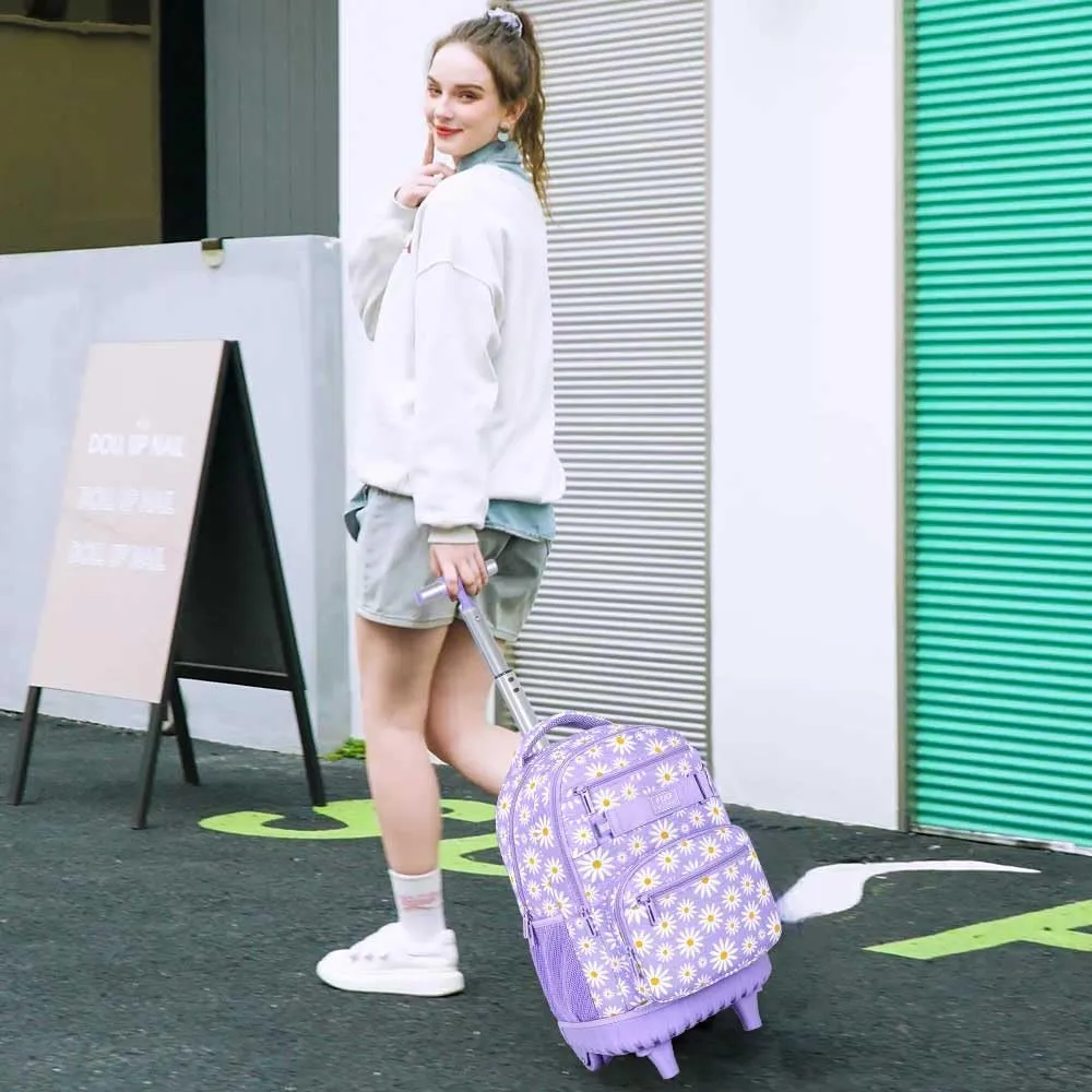 AGSDON Rolling Backpack for Girls, Women Roller Wheels Bookbag, Laptop Daisy Wheeled School Bag with Wheels for Teens