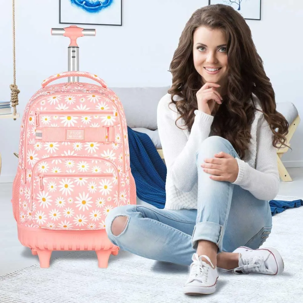 AGSDON Rolling Backpack for Girls, Women Roller Wheels Bookbag, Laptop Daisy Wheeled School Bag with Wheels for Teens