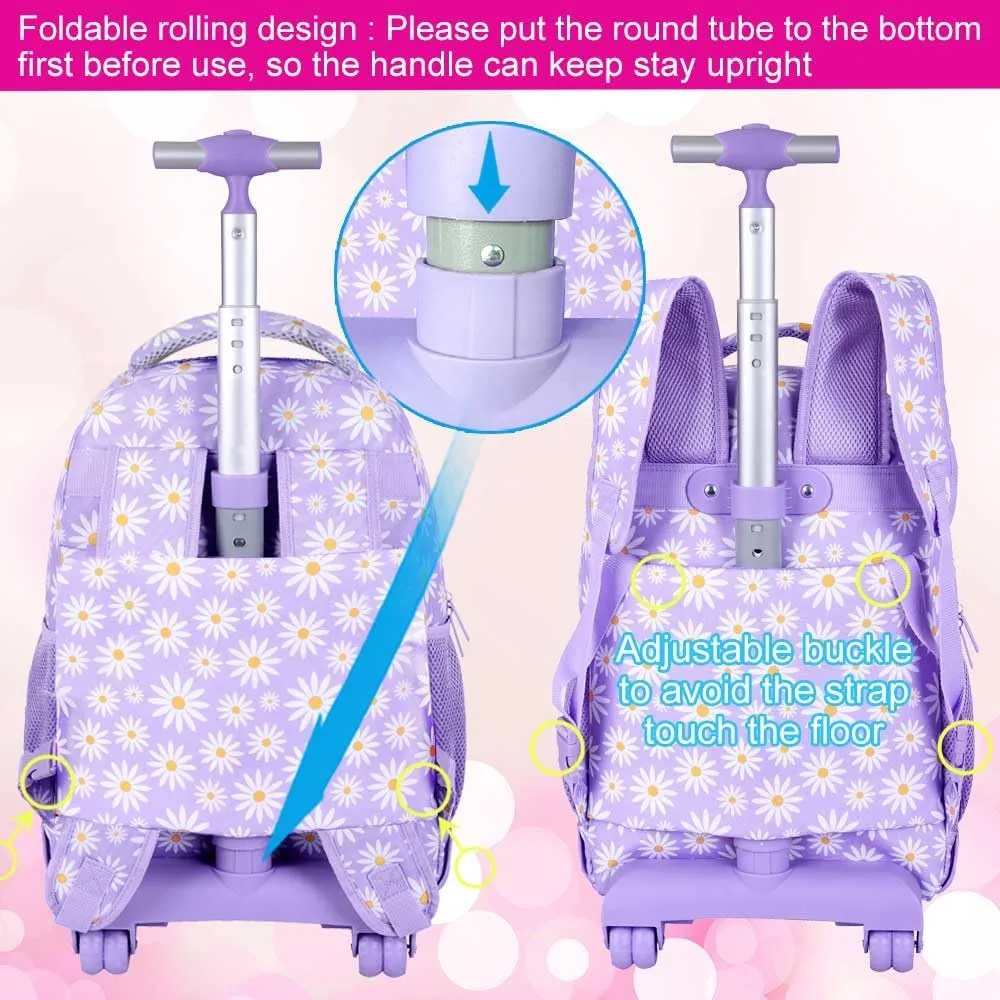 AGSDON Rolling Backpack for Girls, Women Roller Wheels Bookbag, Laptop Daisy Wheeled School Bag with Wheels for Teens