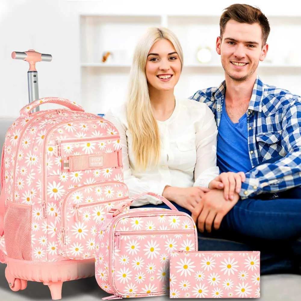 AGSDON Rolling Backpack for Girls, Women Roller Wheels Bookbag, Laptop Daisy Wheeled School Bag with Wheels for Teens