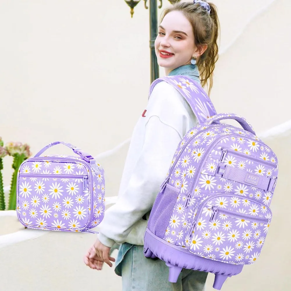 AGSDON Rolling Backpack for Girls, Women Roller Wheels Bookbag, Laptop Daisy Wheeled School Bag with Wheels for Teens