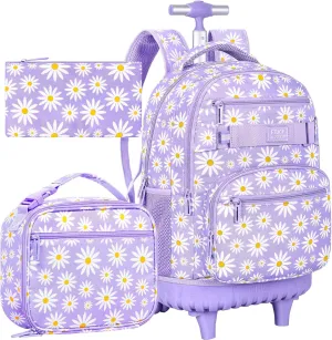AGSDON Rolling Backpack for Girls, Women Roller Wheels Bookbag, Laptop Daisy Wheeled School Bag with Wheels for Teens
