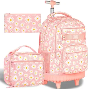 AGSDON Rolling Backpack for Girls, Women Roller Wheels Bookbag, Laptop Daisy Wheeled School Bag with Wheels for Teens