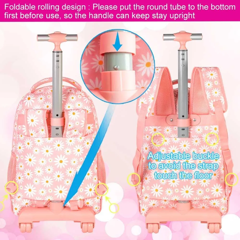 AGSDON Rolling Backpack for Girls, Women Roller Wheels Bookbag, Laptop Daisy Wheeled School Bag with Wheels for Teens