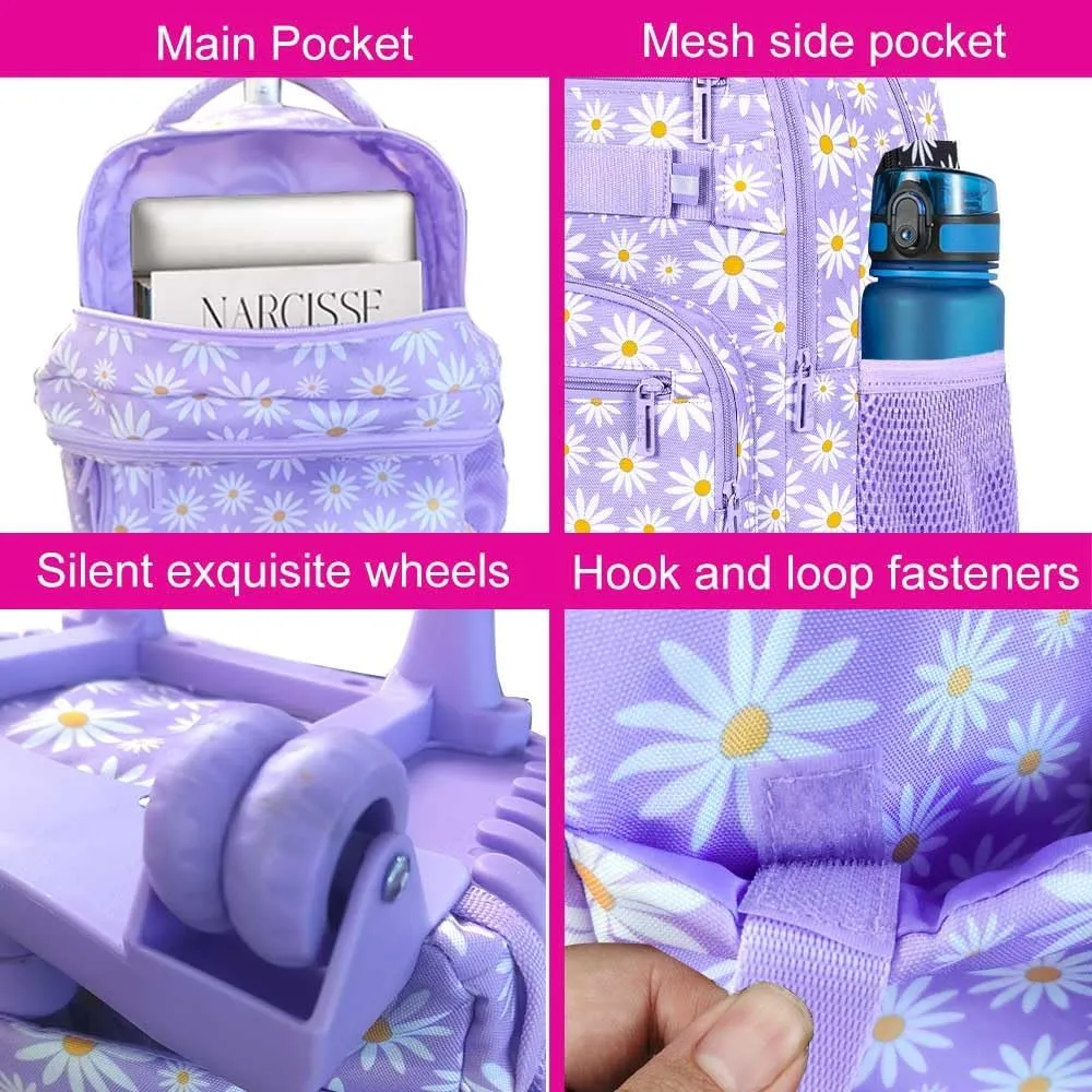 AGSDON Rolling Backpack for Girls, Women Roller Wheels Bookbag, Laptop Daisy Wheeled School Bag with Wheels for Teens