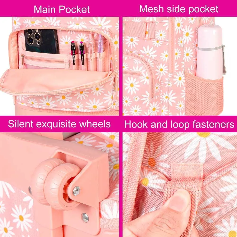 AGSDON Rolling Backpack for Girls, Women Roller Wheels Bookbag, Laptop Daisy Wheeled School Bag with Wheels for Teens