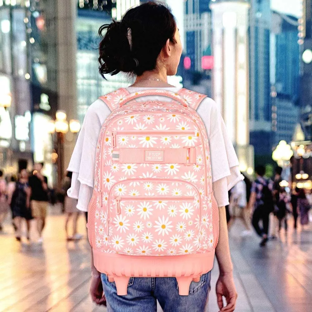 AGSDON Rolling Backpack for Girls, Women Roller Wheels Bookbag, Laptop Daisy Wheeled School Bag with Wheels for Teens