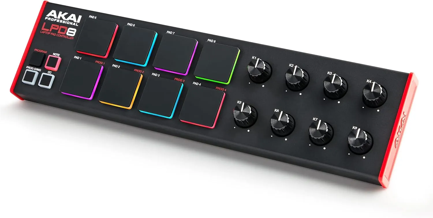 AKAI Professional LPD8 - USB MIDI Controller with 8 Responsive RGB MPC Drum Pads for Mac and PC, 8 Assignable Knobs and Music Production Software