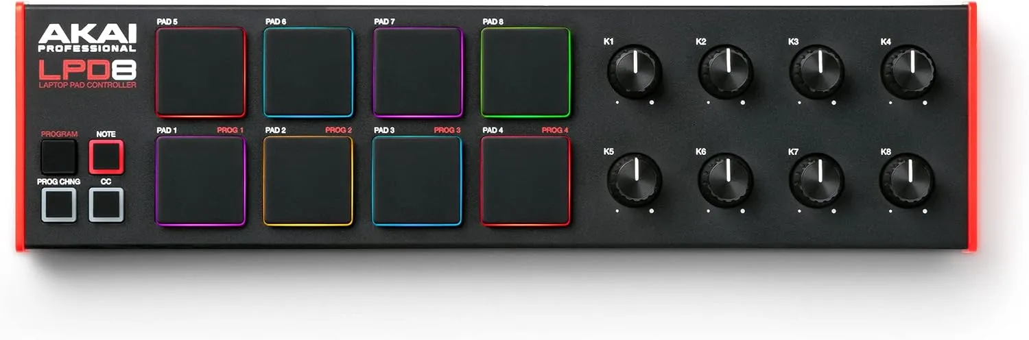AKAI Professional LPD8 - USB MIDI Controller with 8 Responsive RGB MPC Drum Pads for Mac and PC, 8 Assignable Knobs and Music Production Software
