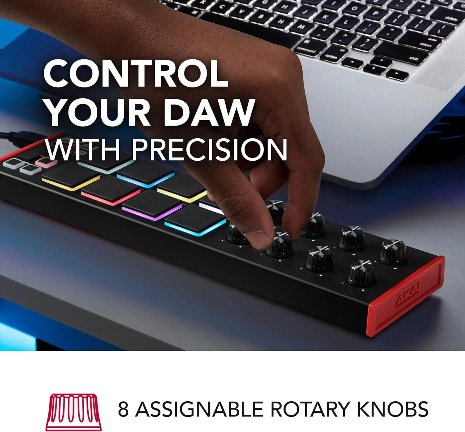 AKAI Professional LPD8 - USB MIDI Controller with 8 Responsive RGB MPC Drum Pads for Mac and PC, 8 Assignable Knobs and Music Production Software
