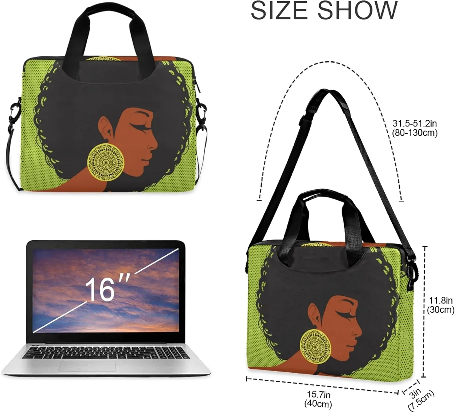 ALAZA African American Woman Afro Laptop Case Bag Sleeve Portable Crossbody Messenger Briefcase w/Strap Handle, 13 14 15.6 inch