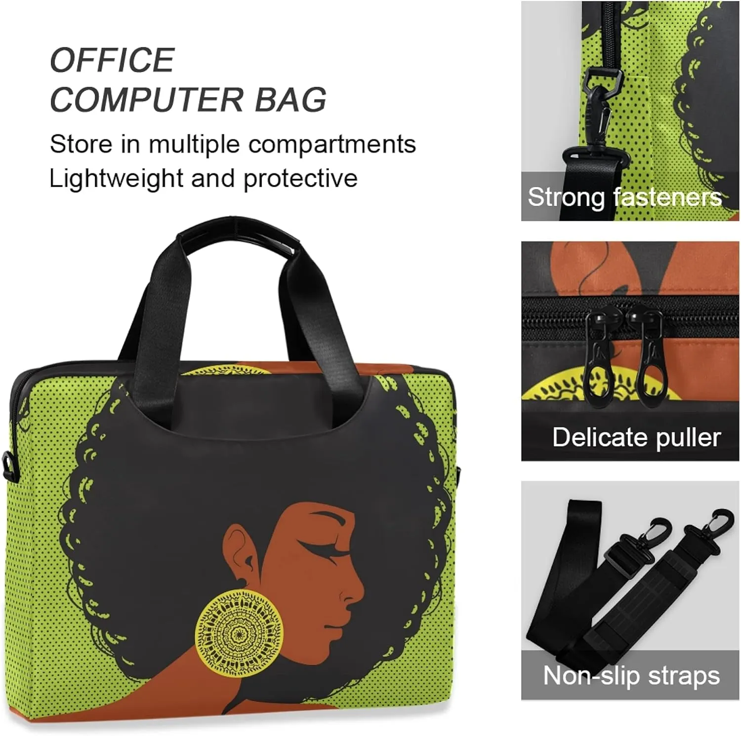 ALAZA African American Woman Afro Laptop Case Bag Sleeve Portable Crossbody Messenger Briefcase w/Strap Handle, 13 14 15.6 inch
