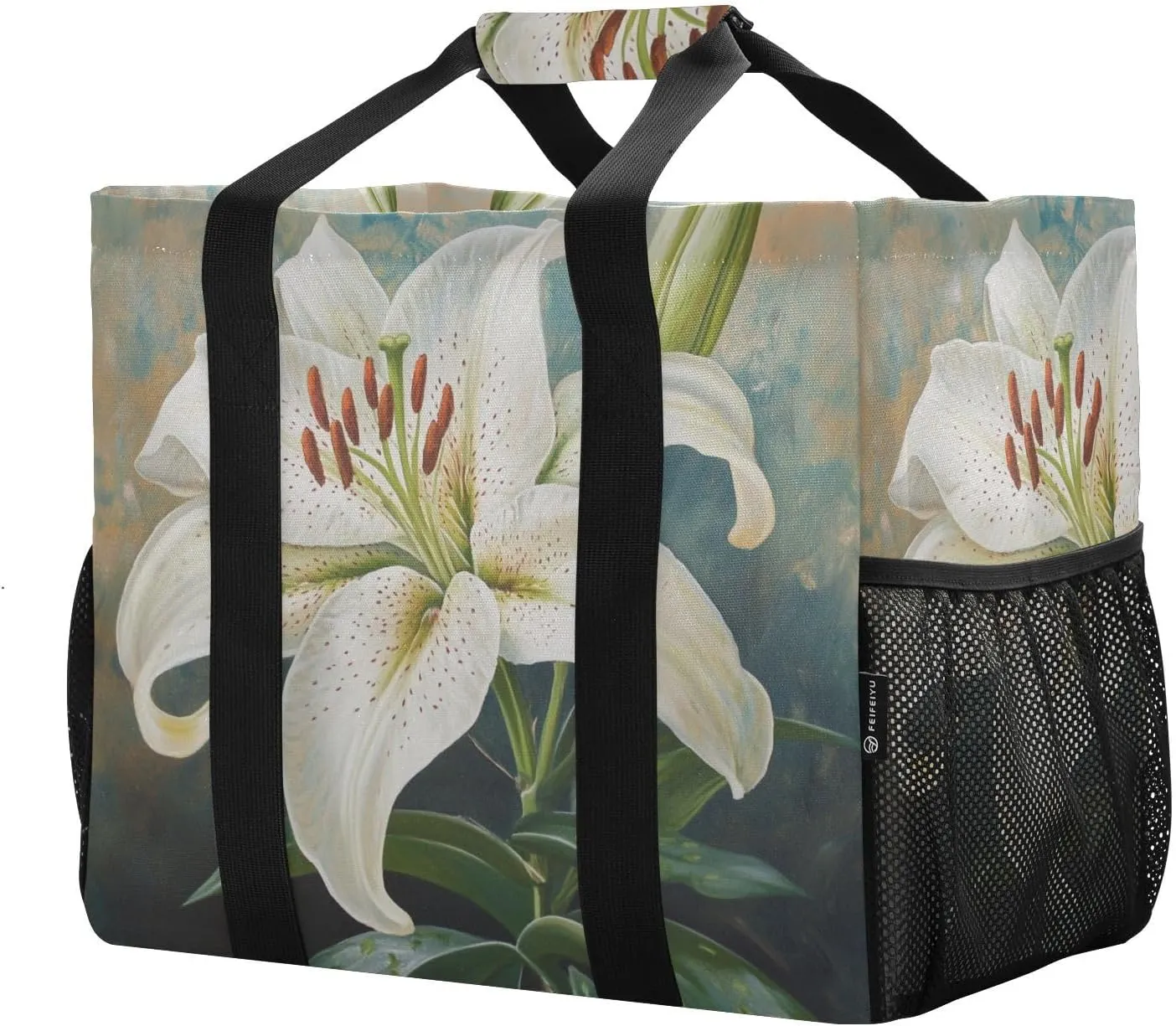 ALAZA Cute Doodle White Lily Waterproof Beach Tote Bags