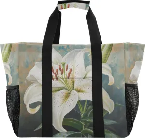 ALAZA Cute Doodle White Lily Waterproof Beach Tote Bags