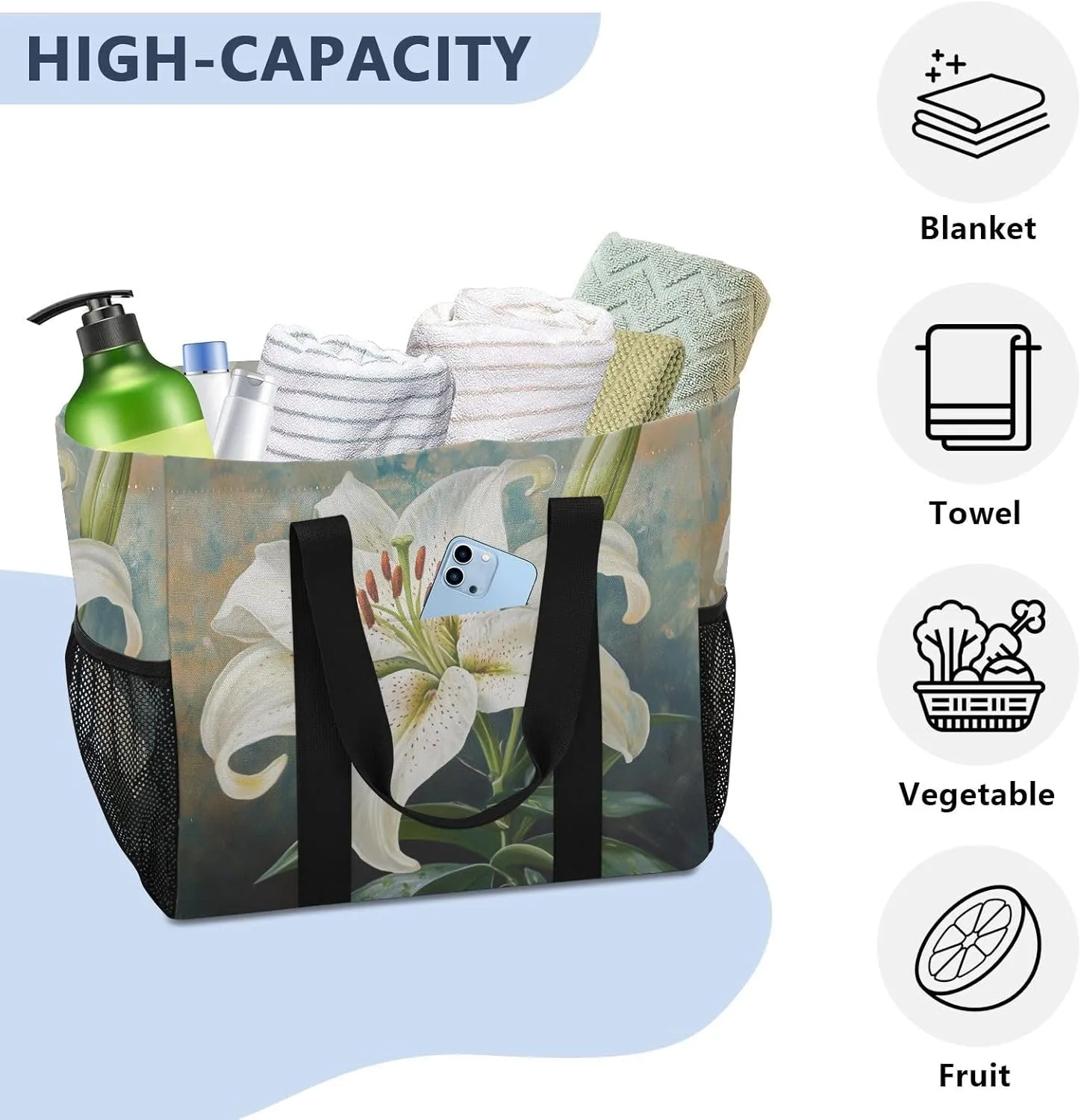 ALAZA Cute Doodle White Lily Waterproof Beach Tote Bags