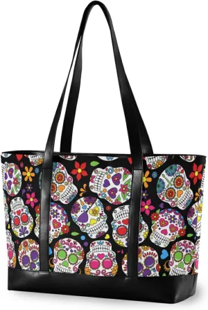 ALAZA Day Of The Dead Sugar Skull Laptop Tote Bag,Fits 15.6 Inch Laptop,Womens Lightweight Canvas Leather Tote Bag Shoulder Bag