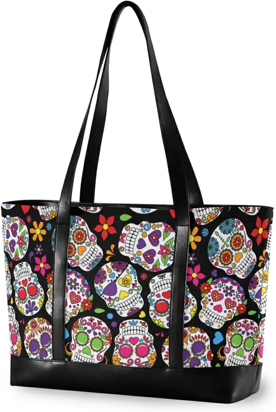 ALAZA Day Of The Dead Sugar Skull Laptop Tote Bag,Fits 15.6 Inch Laptop,Womens Lightweight Canvas Leather Tote Bag Shoulder Bag