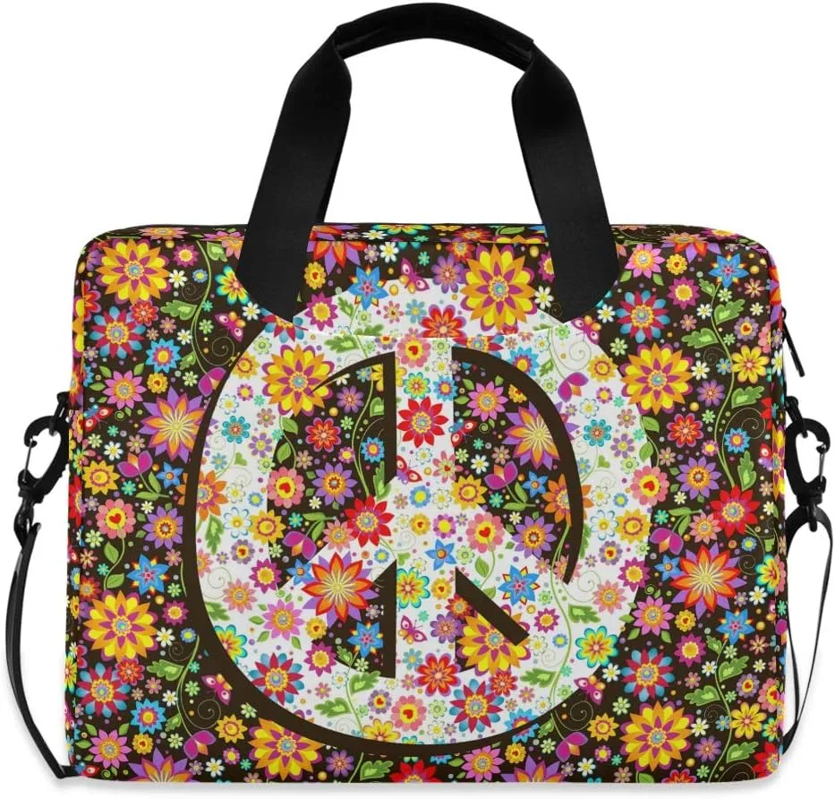 ALAZA Hippie Floral Peace Symbol Laptop Case Bag Sleeve Portable Crossbody Messenger Briefcase w/Strap Handle, 13 14 15.6 inch