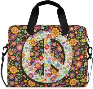 ALAZA Hippie Floral Peace Symbol Laptop Case Bag Sleeve Portable Crossbody Messenger Briefcase w/Strap Handle, 13 14 15.6 inch