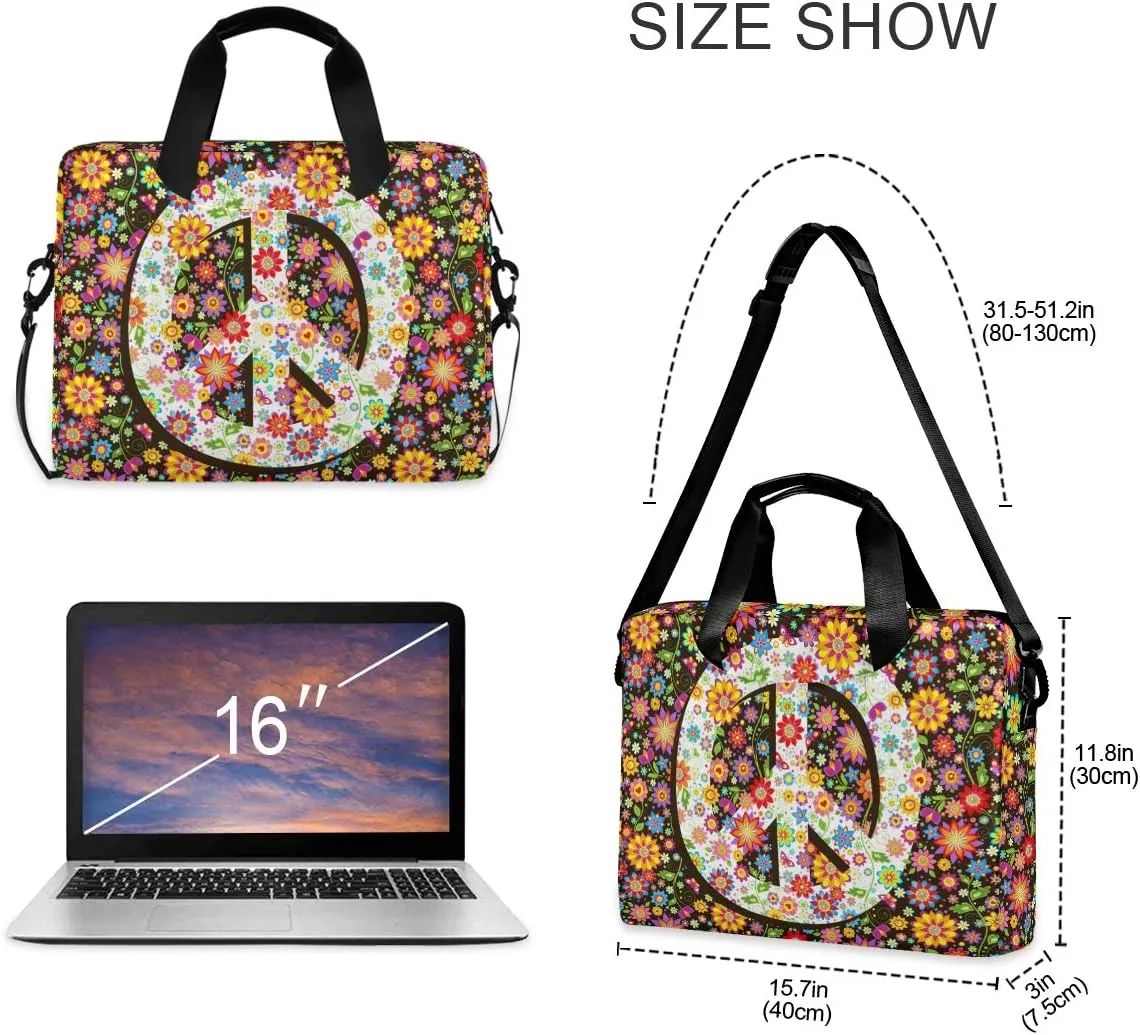 ALAZA Hippie Floral Peace Symbol Laptop Case Bag Sleeve Portable Crossbody Messenger Briefcase w/Strap Handle, 13 14 15.6 inch