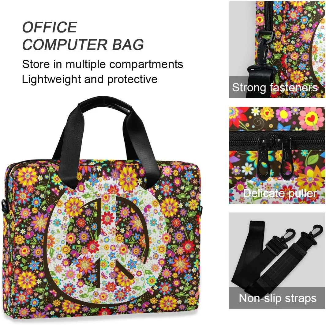 ALAZA Hippie Floral Peace Symbol Laptop Case Bag Sleeve Portable Crossbody Messenger Briefcase w/Strap Handle, 13 14 15.6 inch