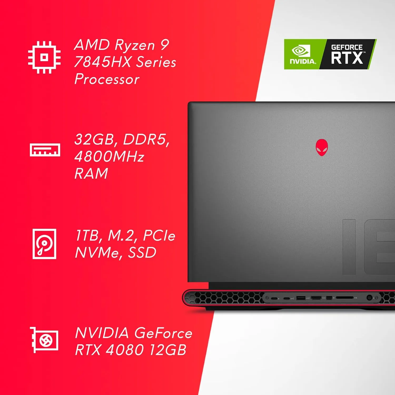 Alienware m18 AMD Gaming Laptop - 18-inch FHD  (1920 x 1200) 480Hz 3ms Display, AMD Ryzen 9-7845HX, 32GB DDR5 RAM, 1TB SSD, NVIDIA GeForce RTX 4080 GDDR6, 1-Year Premium Support - Dark Metallic Moon