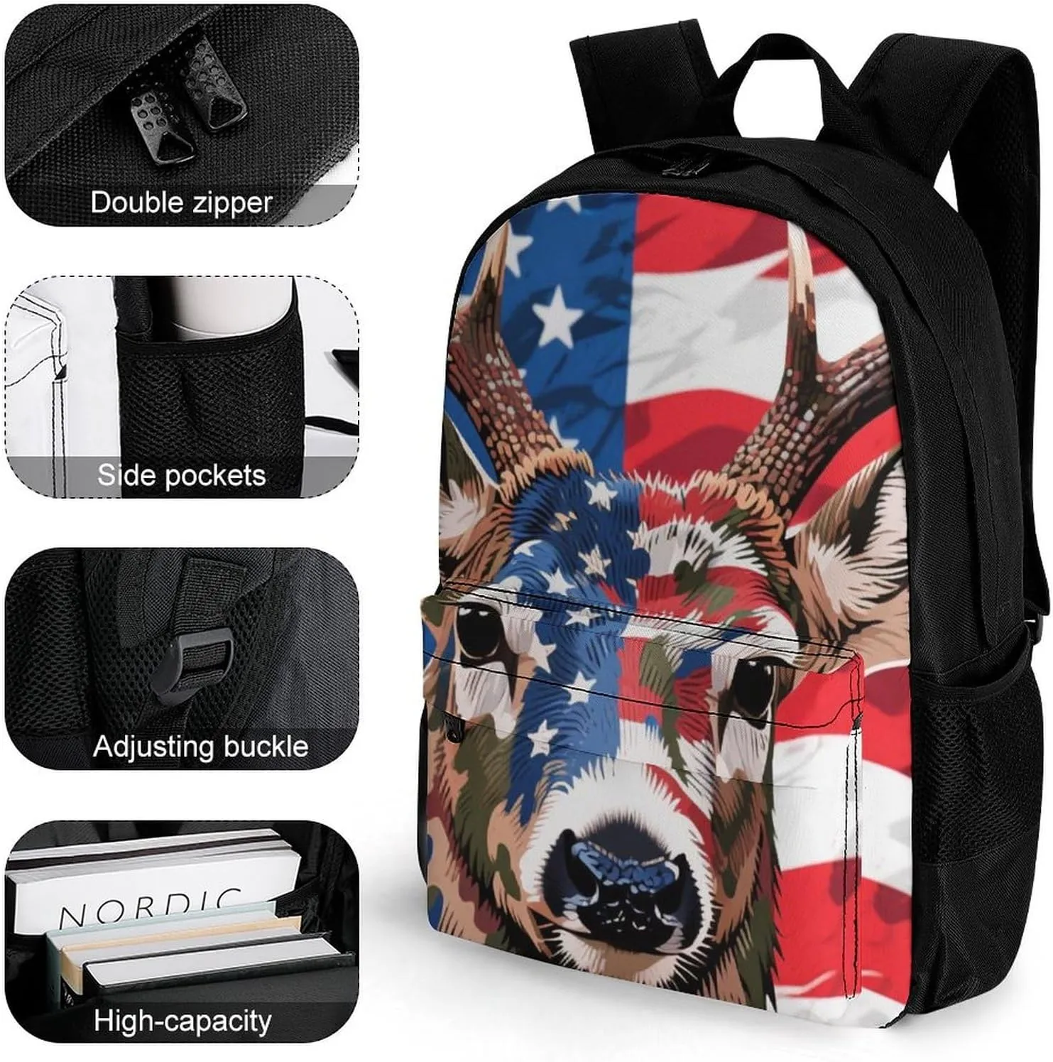American Flag Camo Deer Camouflage Art Rucksacks Lightweight Multipurpose Anti-Theft Shoulder Bag Big Capacity Traveling & Camping Backpack With Side Pockets
