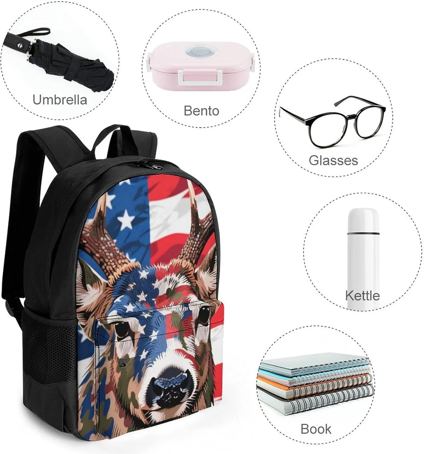 American Flag Camo Deer Camouflage Art Rucksacks Lightweight Multipurpose Anti-Theft Shoulder Bag Big Capacity Traveling & Camping Backpack With Side Pockets