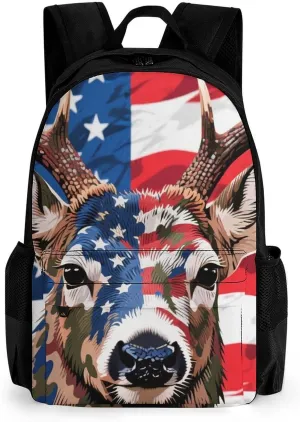American Flag Camo Deer Camouflage Art Rucksacks Lightweight Multipurpose Anti-Theft Shoulder Bag Big Capacity Traveling & Camping Backpack With Side Pockets