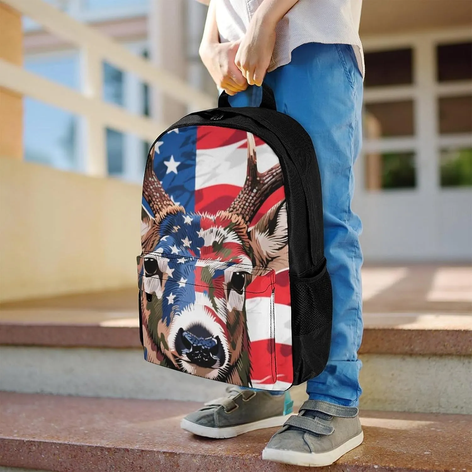 American Flag Camo Deer Camouflage Art Rucksacks Lightweight Multipurpose Anti-Theft Shoulder Bag Big Capacity Traveling & Camping Backpack With Side Pockets