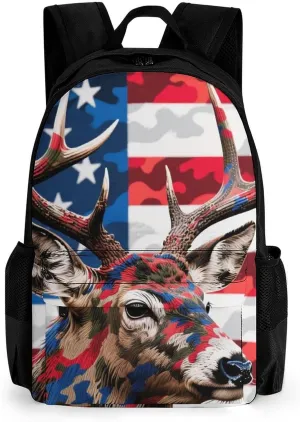American Flag Camo Deer Camouflage Art Shoulder Book Bags Polyester Multipurpose Anti-Theft Carry On Bag Large Capacity Travel Hiking & Camping Rucksack