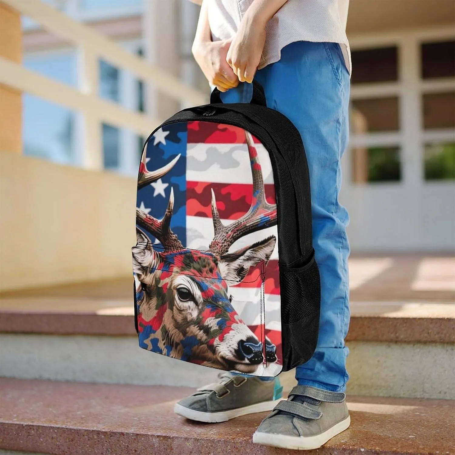American Flag Camo Deer Camouflage Art Shoulder Book Bags Polyester Multipurpose Anti-Theft Carry On Bag Large Capacity Travel Hiking & Camping Rucksack