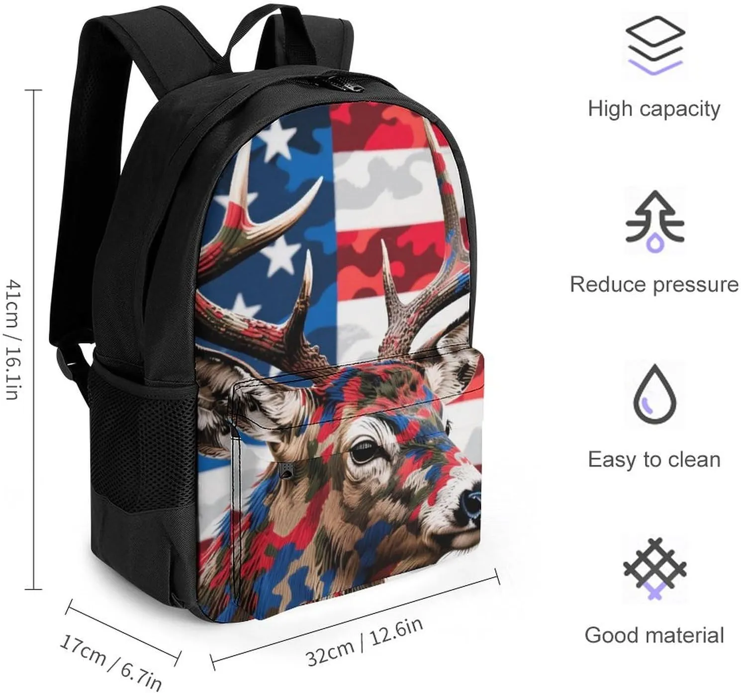 American Flag Camo Deer Camouflage Art Shoulder Book Bags Polyester Multipurpose Anti-Theft Carry On Bag Large Capacity Travel Hiking & Camping Rucksack