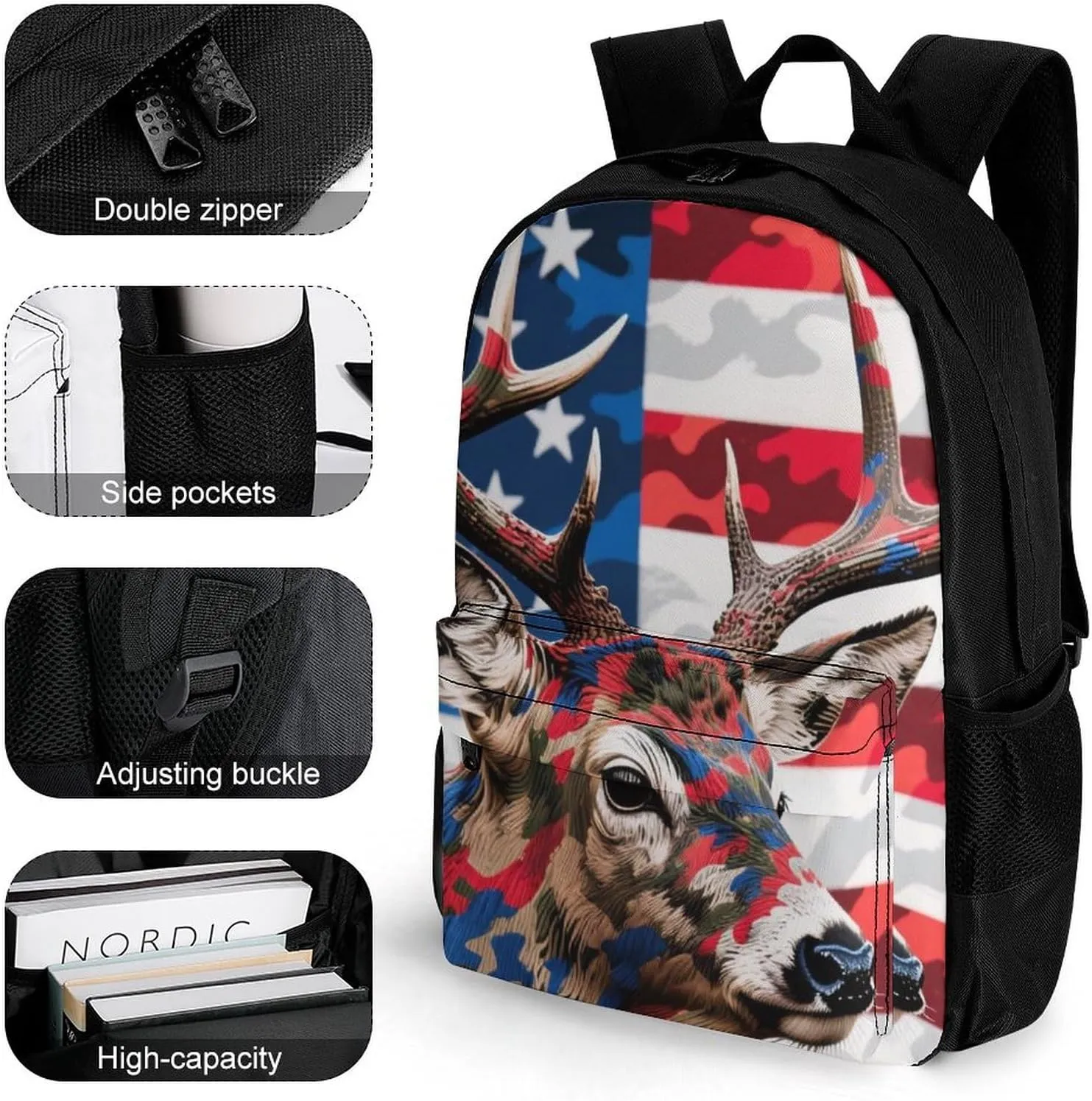 American Flag Camo Deer Camouflage Art Shoulder Book Bags Polyester Multipurpose Anti-Theft Carry On Bag Large Capacity Travel Hiking & Camping Rucksack