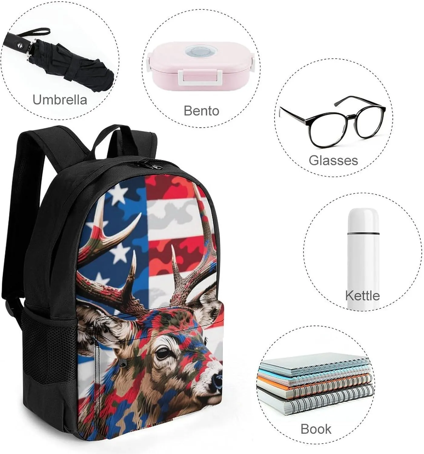 American Flag Camo Deer Camouflage Art Shoulder Book Bags Polyester Multipurpose Anti-Theft Carry On Bag Large Capacity Travel Hiking & Camping Rucksack