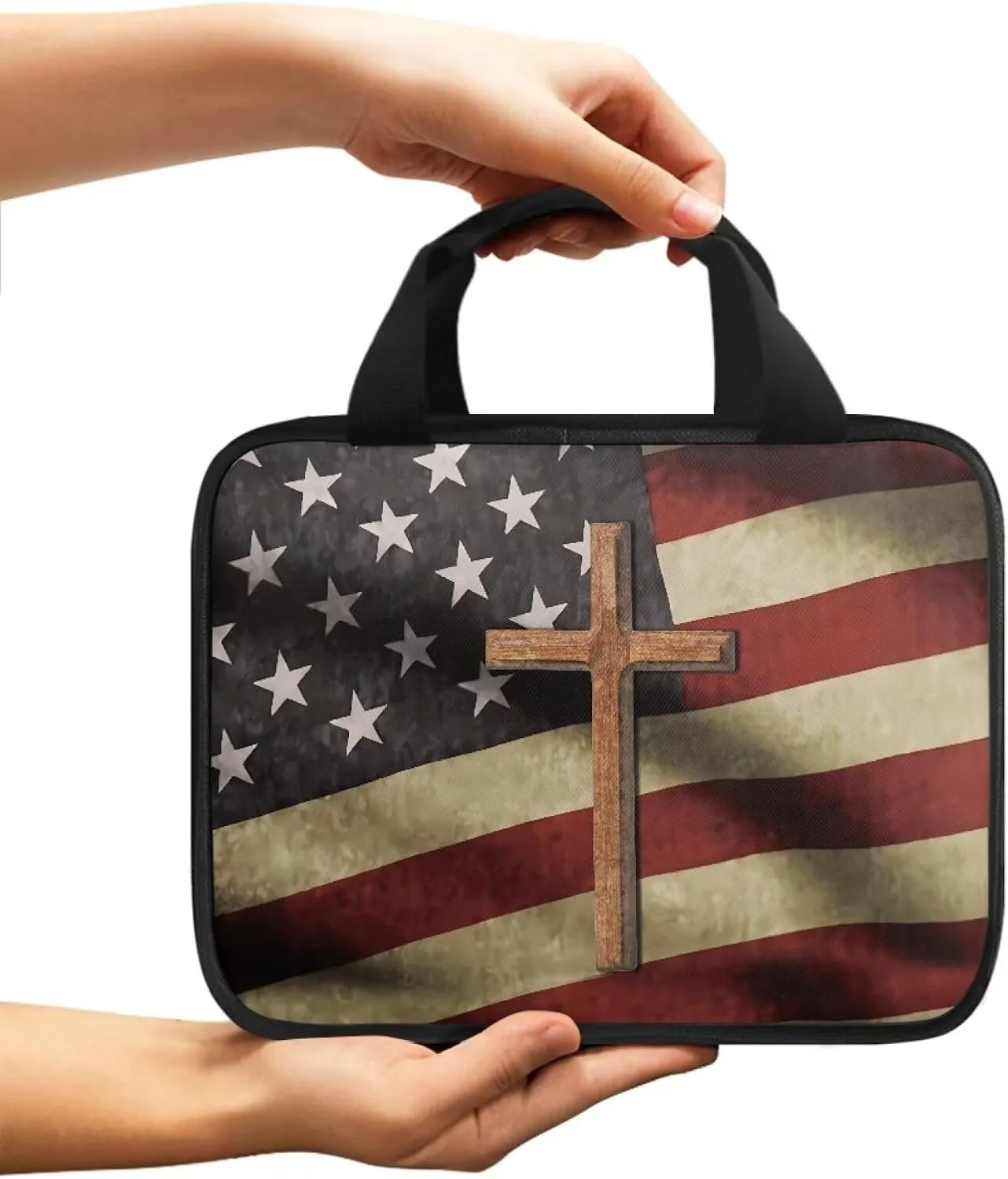 American Flag Cross Bible Covers for Women&Men Waterproof Bible Case with Handle Portable Bible Bag Journal Case for Church Worship