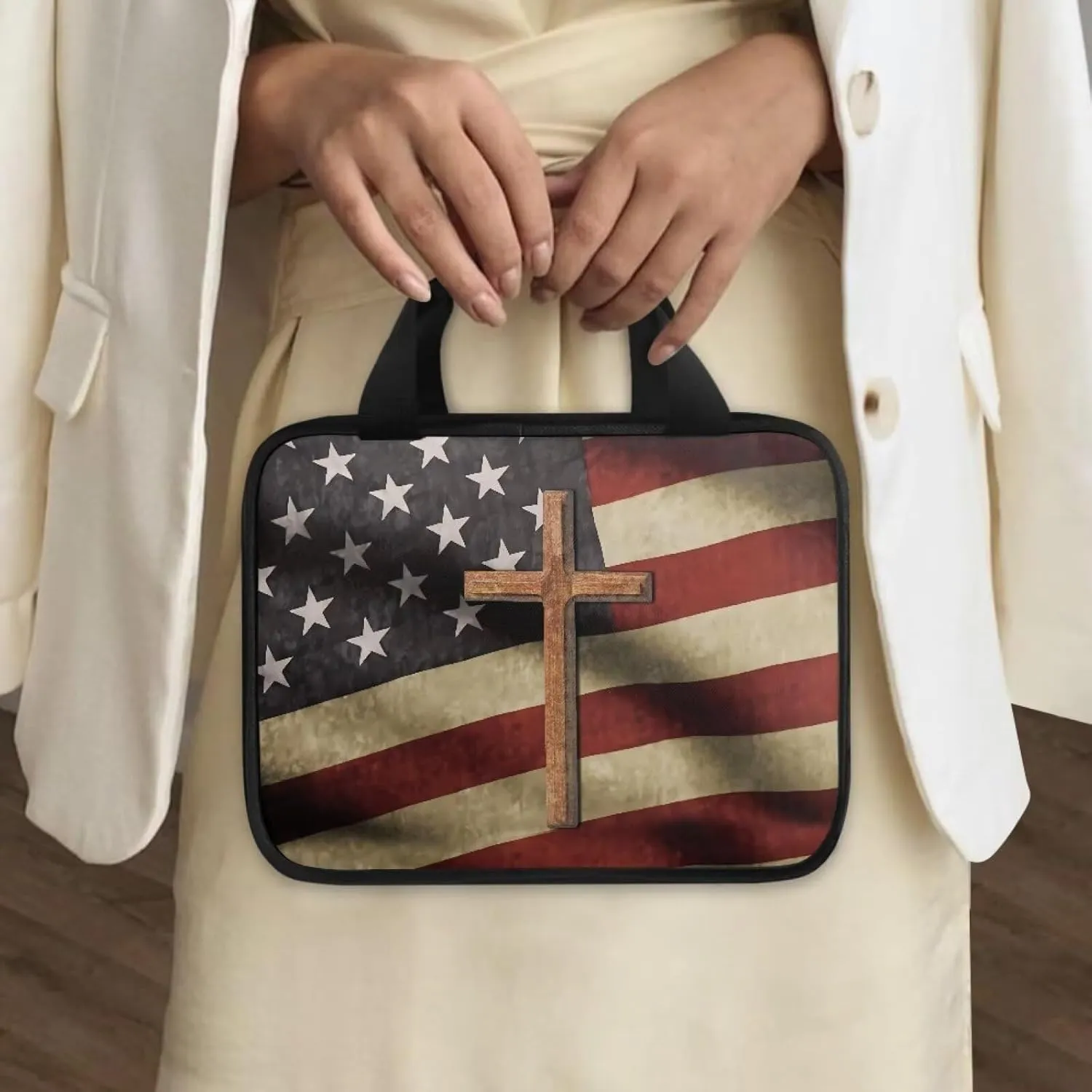 American Flag Cross Bible Covers for Women&Men Waterproof Bible Case with Handle Portable Bible Bag Journal Case for Church Worship