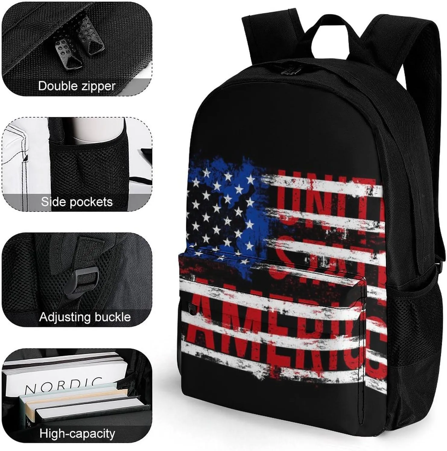 American Flag Daypack Lightweight Multipurpose Anti-Theft Shoulder Bag Large Capacity Laptop Book Bag Rucksack With Adjustable Shoulder Straps